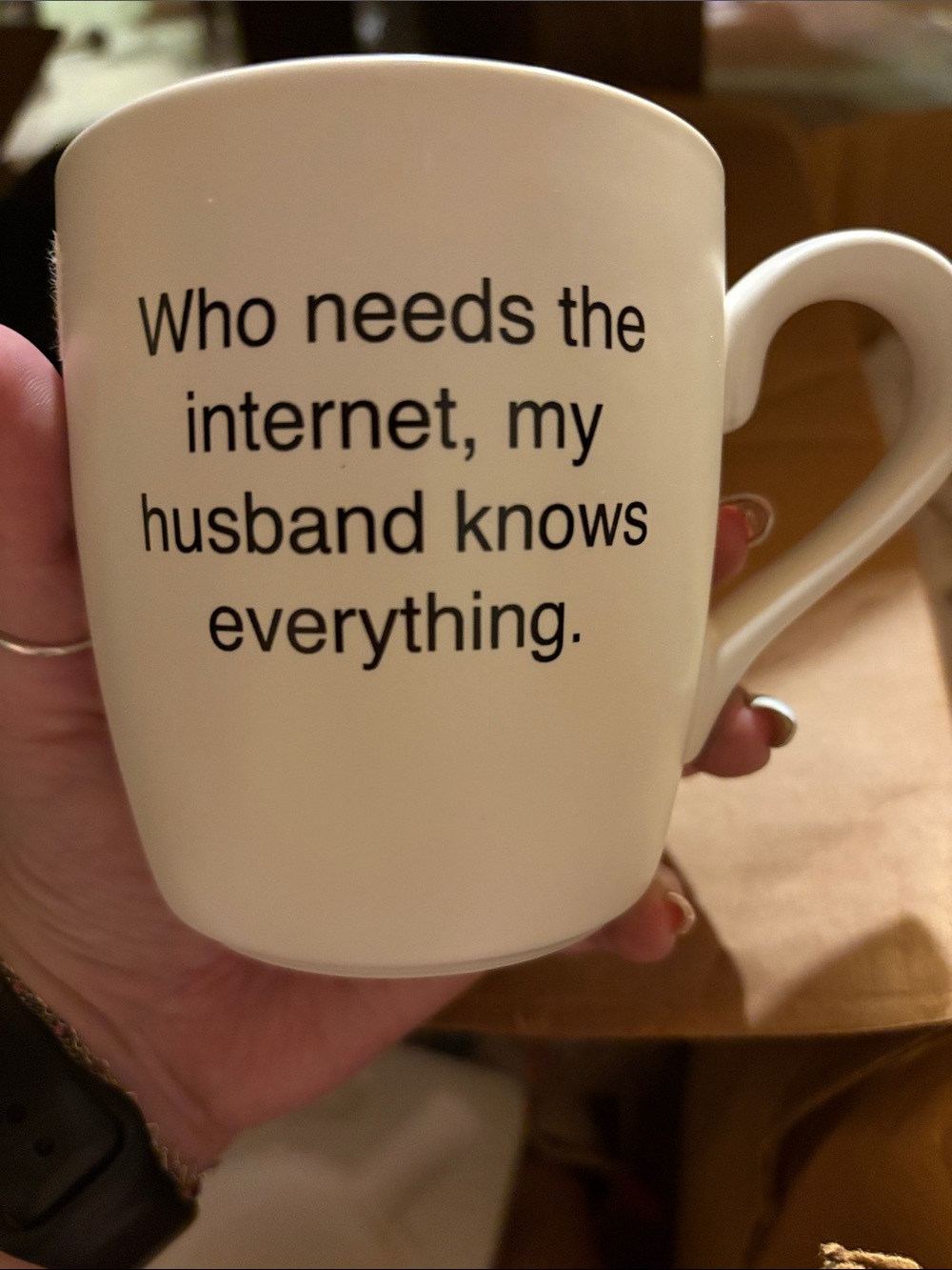 Cream Ceramic Mug with Humorous Quote - Husband Knows Everything